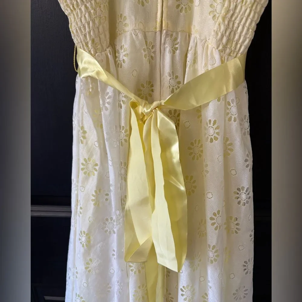 Ruth Of Carolina Vintage White Eyelet Flower Long Yellow Lined Dress 12 Girls 🌼